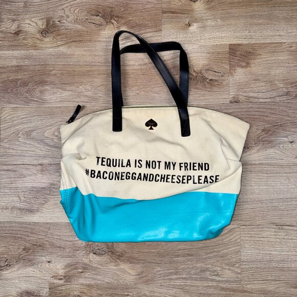 Kate Spade Tequila is Not My Friend Bacon Egg and Cheese Please Purse Tote Teal - Picture 7 of 16
